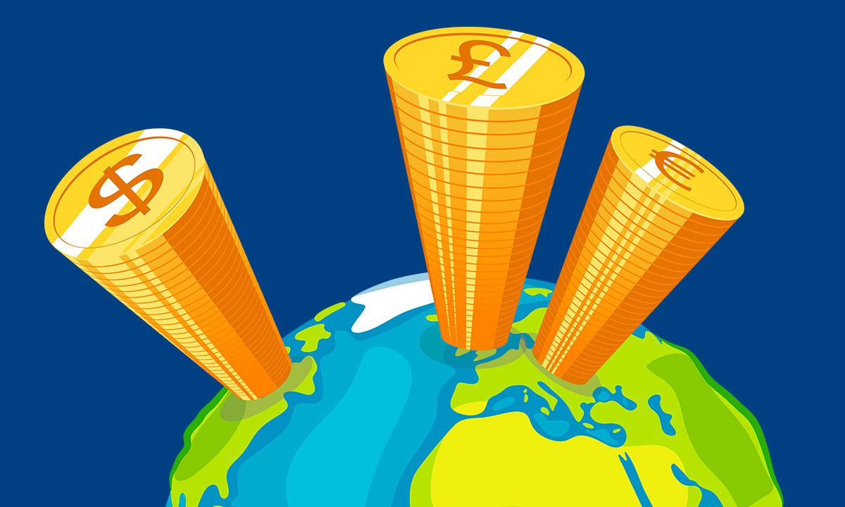 Illustration showing stacks of foreign currency on a globe